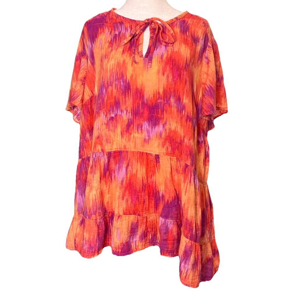 Terra Sky Vibrant Multicolor Watercolor Top 2X 20W-22W 100% Cotton Comfy Relaxed
